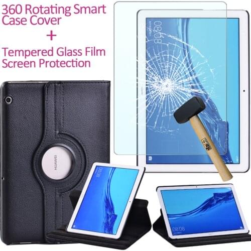 360 Rotating Case for Huawei MediaPad T5 10 10.1" Black Leather Tablet Stand Cover Case + Tablet Tempered Glass + Free Stylus