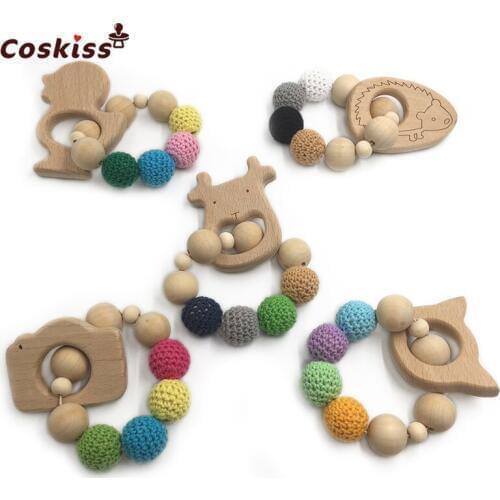 Crochet Bead Teething Ring Untreated Maple Baby Teether With Organic Wooden Animal Bracelet Baby Mom Kids Wooden Teether Bangle