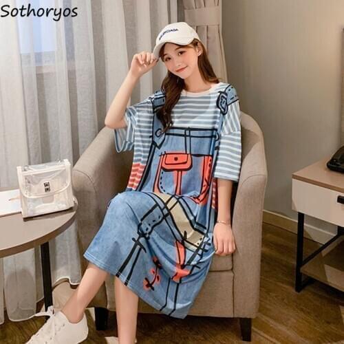 Nightgowns Women Striped Cartoon Short-sleeve Stylish Korean-style Sleep-shirts Female Loose Leisure Fashion Sleepwear Ulzzang