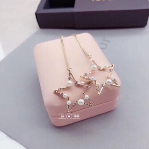 New Korean Charm Pearl Tassel Crystal Star Earrings for Women Fashion Asymmetric Drop Earring Luxury Jewelry Free Shipping