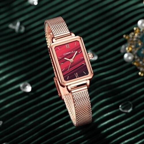Women Watches CRRJU Fashion Luxury Ladies Dress Mesh Wristwatch Square Popular Red Praty Waterproof Quartz Watches reloj mujer