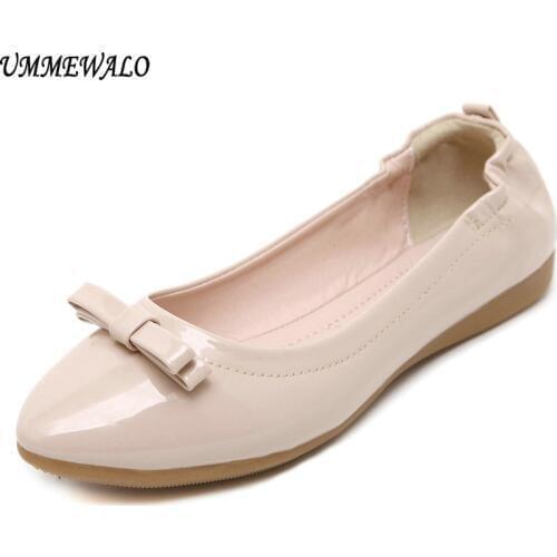 UMMEWALO Paten Leather Flat Shoes Women Casual Pointed Toe Soft Ballet Shoes Ladies Bow Designer Rubber Sole Casual Flats Shoes