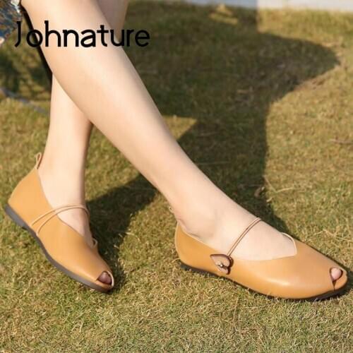 Johnature Flats Women Shoes Spring/Autumn 2021 New Genuine Leather Peep Toe Shallow Mori Style Handmade Concise Ladies Shoes