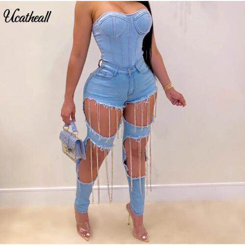 Fringe Women Vintage Jeans High Waist Stretch Skinny Denim Female Tassel Pencil Pant Slim Trouser Full Pants