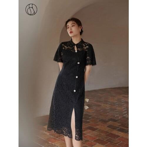DUSHU Loose Office Lady Womens Retro Lace Dress 2021 Summer New Black Improved Cheongsam Dress High Waist Black A-line Dress