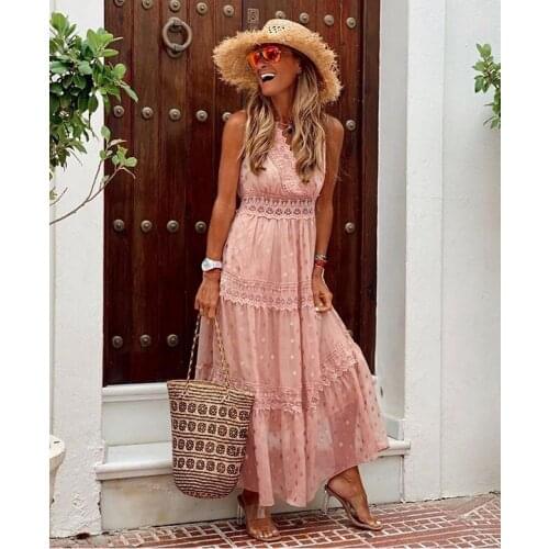 Happie Queens women solid sleeveless beach sexy Bohemian maxi dress Ladies v-neck chiffon Boho sundress vestidos