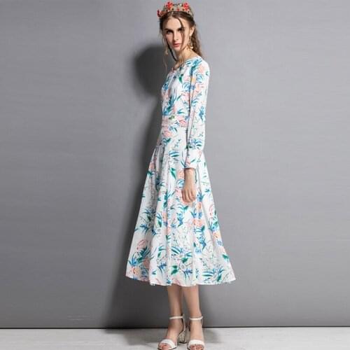 Runway 2021 Fashion Spring Summer High Quality Full Sleeve Floral Print Slim Midi Elegant Holiday Dress Vestidos