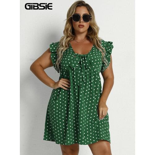 GIBSIE Plus Size Polka Dot Bow Tie Front Ruffle Sleeve Dress Women Summer Boho Casual Sweet Ladies Mini Dress Vestidos Big Size