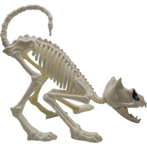 Creepy Cat Skeleton Halloween Decoration DIY Cat Skull Model Crouching Cat Bones With Adjustable Tail Skull Figurine (White