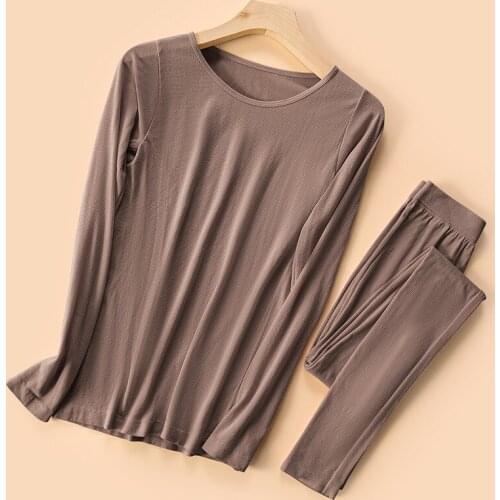 Winter Warm Thermal Underwear High Elastic Pajamas Set Woman Slim Round Neck Solid Sleepwear Long Pants Suit Long Johns Lingerie