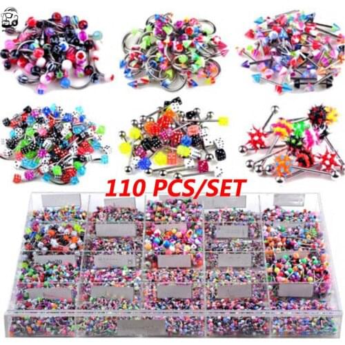 Wholesale 110Pcs Belly Button Navel Rings Barbell Lip Rings Eyebrow Nail Rings Body Piercing Jewelry