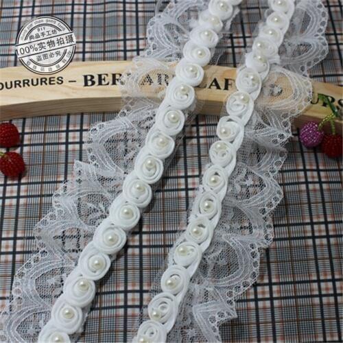 5Yards 5cm White Pearl Rose Lace Clothing Accessories Beaded Lace Trim Ribbon Dress Skirt Decoration Ruffle Lace