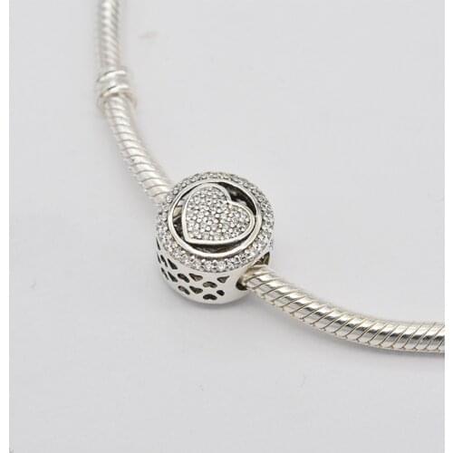 925 Sterling Silver CZ Inlaid Zircon Hollow Round Pavé Heart-Shaped Pendant Charm Bracelet Fashion DIY Jewelry For Pandora
