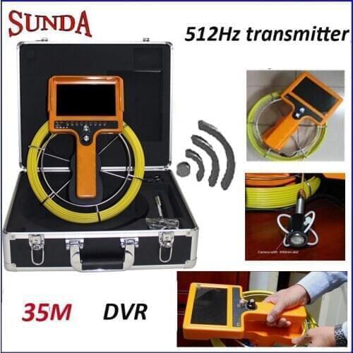 Wireless 512Hz transmitter hand held pipe inspection camera with 35m cable dvr record 23 head camera fiberglass cable 7"LCD