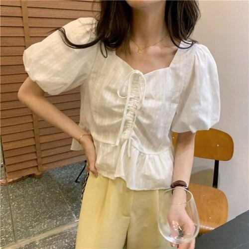 Blouse Summer Short Thin Short-sleeved Japanese Shirt Design French Niche Ladies Puff Sleeve Top