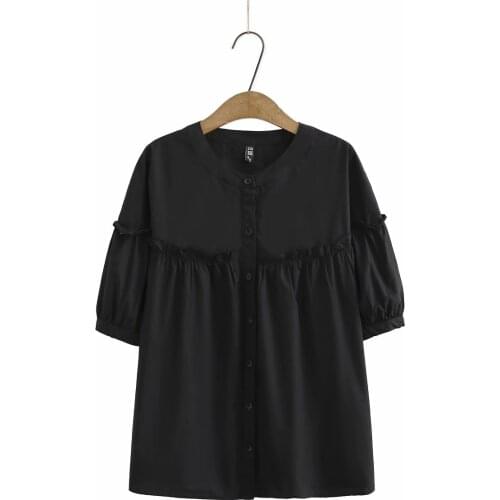 Plus size solid white black cotton women blouse 2021 Casual summer ladies stand collar short sleeve loose shirt female