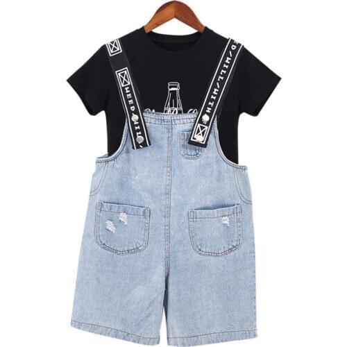 Childrens Casual Sets Girls letter Cotton T-shirt +denim Short Jeans Overalls 2 Pcs Kids Summer Clothes Suits for Teenage 3-14y