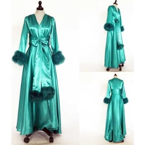 Long Bathrobe for Women Green Fur Floor Length Lingerie Nightgown Pajamas Sleepwear Womens Luxury Gowns Housecoat Nightwear