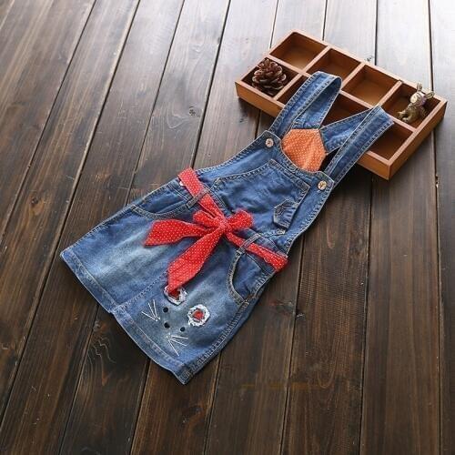 New Arrival Baby Girls Denim Sundress Girls Character Sundress With Belt Girls Suspender Denim dress Kids Sashes Sundress