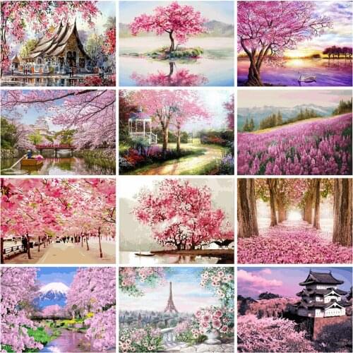 EverShine Diamond Painting Spring Cross Stitch Diamond Mosaic Cherry Tree Bead Embroidery Landscape Needlework Rhinestones Art