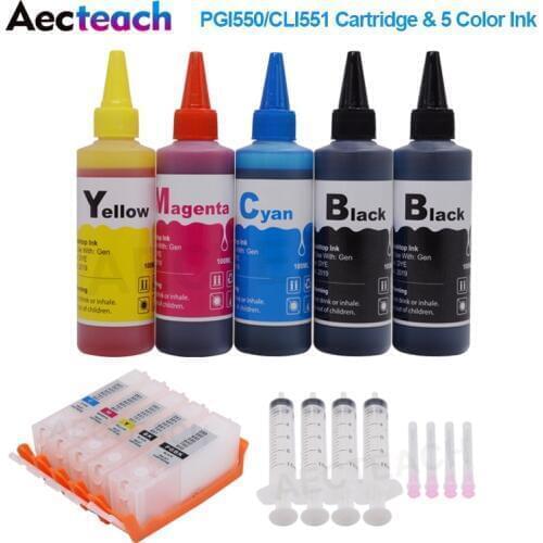 Aecteach PGI 550 CLI 551 Ink Cartridge For Canon PGI-550 PIXMA IP7250 MG5650 MG6650 IX6850 MX725 Printer + 500ml Refill Dye Ink