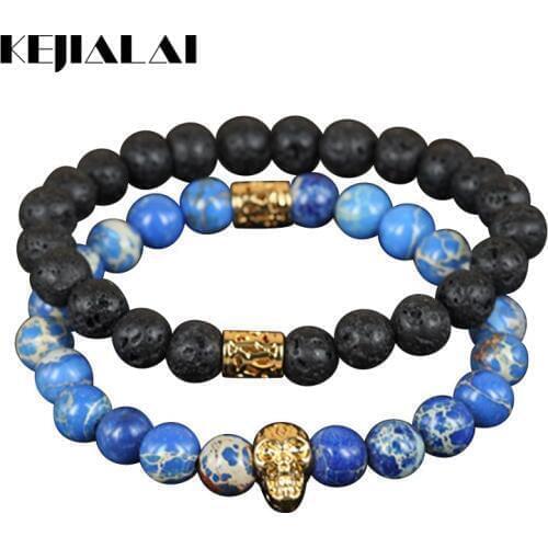KEJIALAI 2pcs New Arrival Beaded Gold Color Skull Head Men Charm Bracelet Natural 8mm Regalite/Volcanic Lava Stone Bead Bracelet