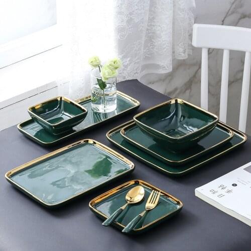 Nordic Emerald Ceramic Square Plate Creative Breakfast Tableware Salad Western Plate Ceramic Steak Plate Dessert Plate