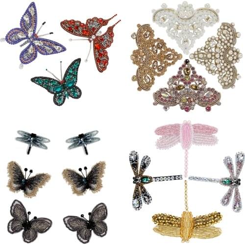 2pc Beaded Floral Butterfly Dragonfly Diamond Patches Rhinestones Applique Sewing for Shoes Garment Decorative Accessories TH864