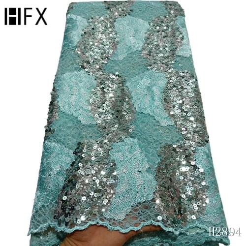 HFX Mint Green French African Lace Fabric Sequined Tulle Nigerian Tissu Mesh India Lace for Wedding party Dress 5yards H2894