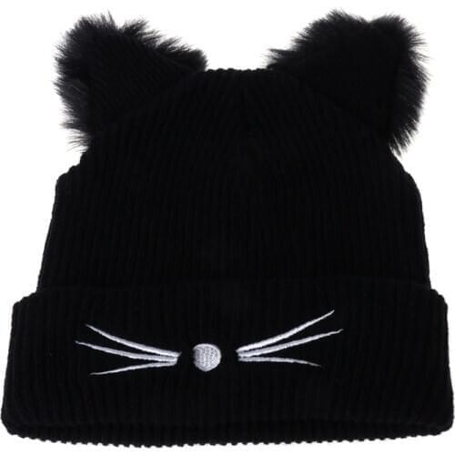 Hot Sale Cat Ears Women Hat Knitted Acrylic Warm Winter Beanie Caps Crochet Fur