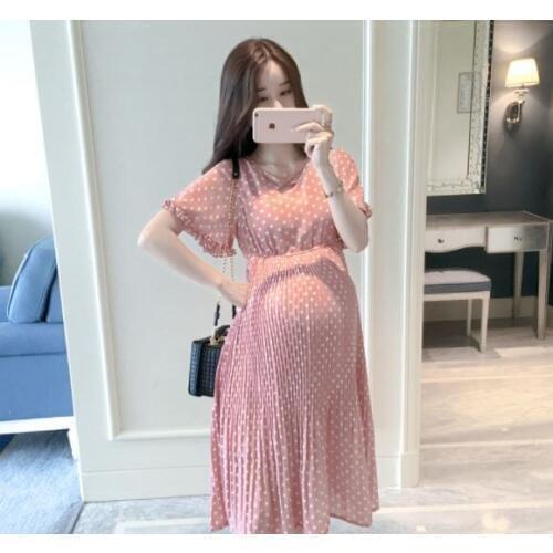 Fashion hipster summer polka dot pregnant women dress fashion long section short sleeve loose maternity skirt chiffon maternity