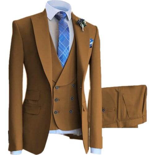 3 Pieces Mens Suit Slim Fit Shawl Lapel Wool Tweed Prom Grey Formal Tuxedos Wedding Groomsmen Brown (Blazer+Vest+Pants)