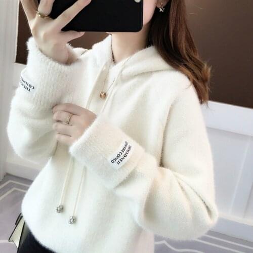New Women Mohair Sweaters Loose Pullovers Spring Autumn Long Sleeve Streetwear Knitted Hooded Tops Solid Casual Thicken Sweaters