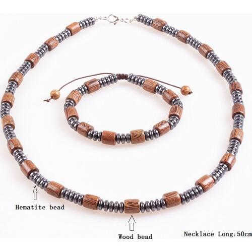 New Design Black Mens Hematite & brown wood Beads Necklace Bracelet Fashion Jewelry