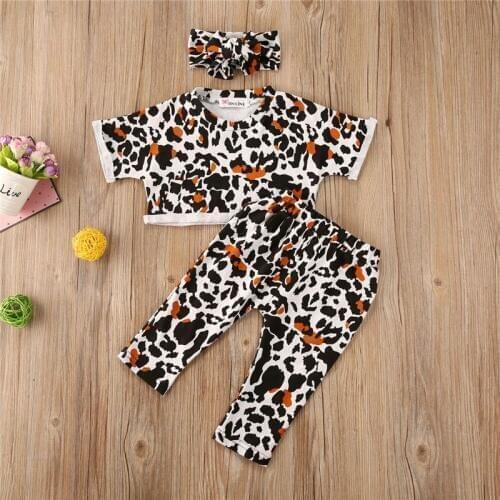 1-4 Years Baby Girls 3pcs Set Short Sleeve Trousers Headband Leopard Print Leisure Loose Vitality Summer Child Girl Clothing Set
