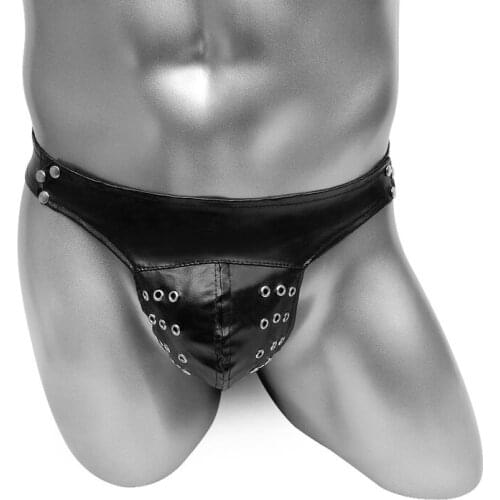 Open Butt Jockstrap PU Faux Leather Mens Underwear Sexy Lingerie Plus Size Thong Bulge Pouch Bikini Adult Costume Underpants