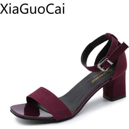 New Fashion Spring and Autumn Women High Heels Sandals Square Heels Buckle Female Sandals Solid Classic Shoes