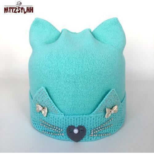 MTTZSYLHH new childrens girls fall and winter warm cute baby lined fluff stickers diamond knitting line cap free shipping