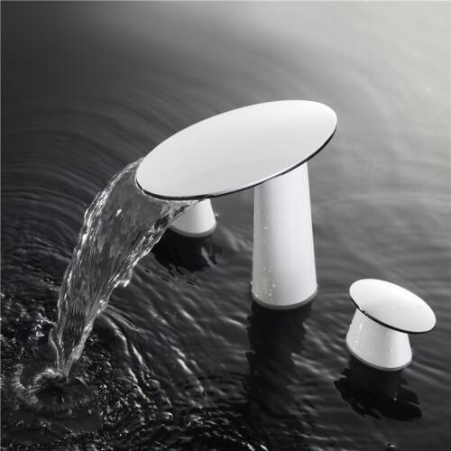 3 Holes widespread 8" Oval Handles Bathroom waterfall lavatory Sink Faucet mixer tap deck mounted Chrome White Color