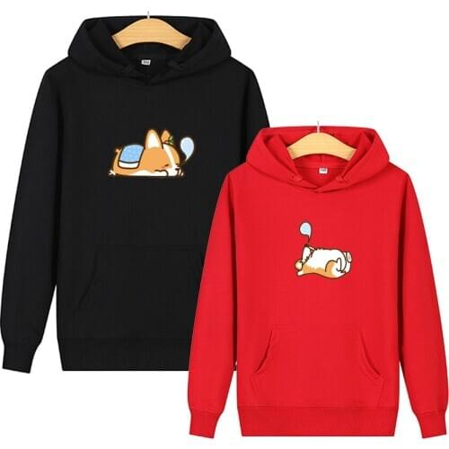 Women Harajuku Hoodie Cartoon Kawaii Dog Corgi Print Sweatshirt Men Autumn Cute Couple Hoodies Pullover Top Black Hooded Cotton