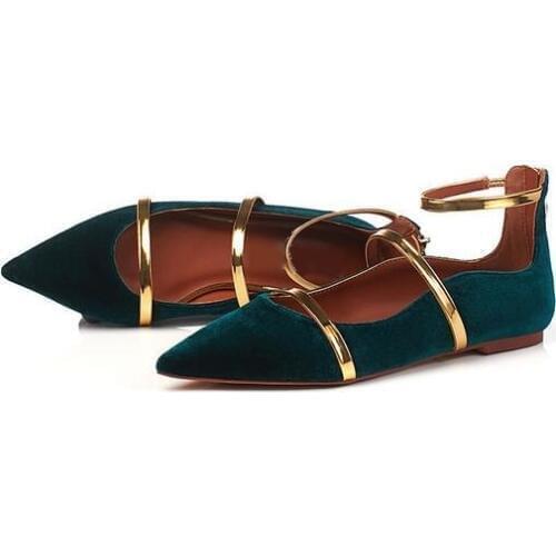 Celebrity Green Velvet Pointed Toe Flat Shoes Gold Heels Straps Shallow Cut Women Flats Patchwork Ankle Wrap Casual Ballet Shoes