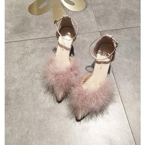 Autumn and Winter Furry High-heeled Shoes Female Shallow Mouth Buckle with Fairy Style Pointed Toe Stiletto Single Shoes