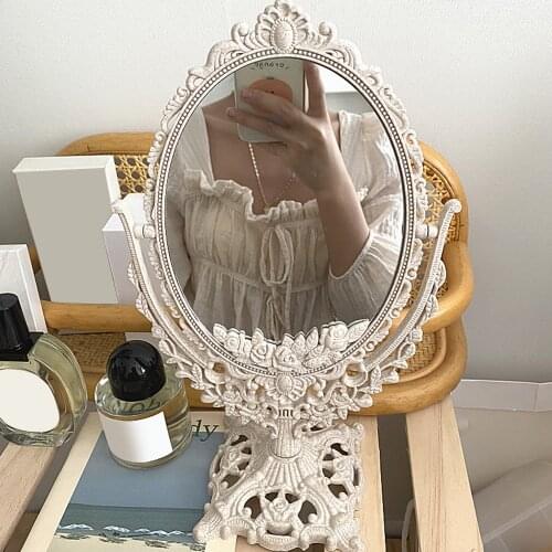 Nordic Silver Plastic Vintage Decorative Mirror Small Round Make-up Bedroom Mirror Ins Table Room Standing Glass Mirror