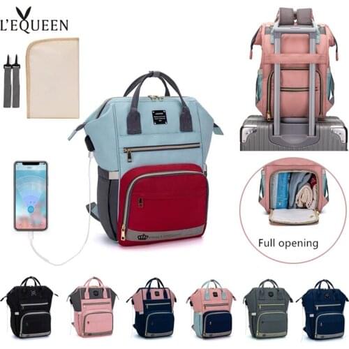 LEQUEEN USB Mommy Diaper Bags Mother Large Capacity Travel Nappy Backpacks with changing mat Hooks Convenient Baby Nursing Bags