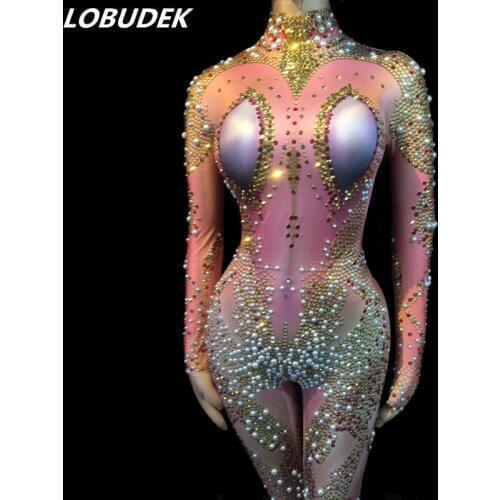 Colorful Rhinestones Pearls Jumpsuit Leotard Stretch Diamond Bodysuit High-end Prom Party Stage Outfit Nightclub Dance Costumes