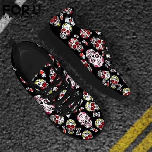 FORUDESIGNS Nuring Style Flats Shoes Women Skull With Nurse Hat Printed Breathable Female Gym Walk Sneakers Zapatillas Mujer