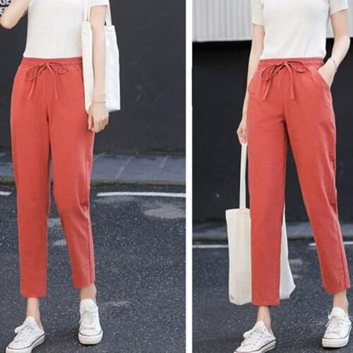 Womens Spring Summer Pants Cotton Solid Elastic Waist Candy Colors Harem Trousers Soft High Quality For Female Ladys S-XXL