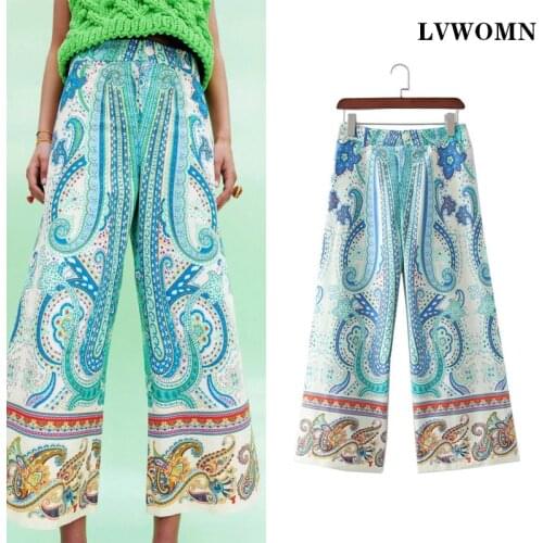 LVWOMN Za Women Trousers 2021 Summer Print Loose Trousers Fashion High Waist Women Pants Casual Zipper Closure Wide Leg Pants