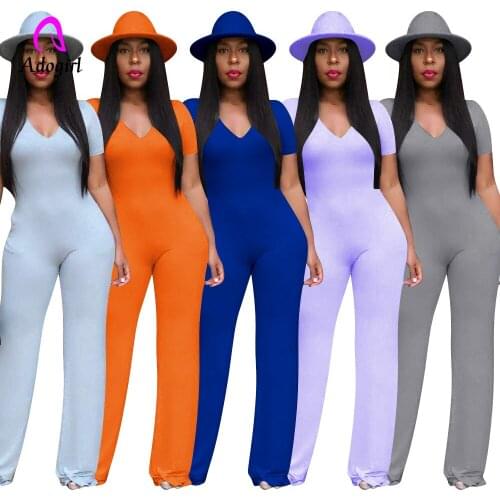 Fitness Women Rompers Solid 2021 Summer New Casual Short Sleeve Wide Leg Jumpsuit Elegant V Neck Activewear Office Lady Outfits