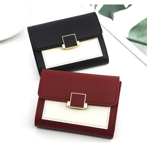 Women Patchwork Short Wallet Ladies Metal Buckle Tri-Fold Coin Purse Money Credit Multiple Card Holders Fashion Square Clutch